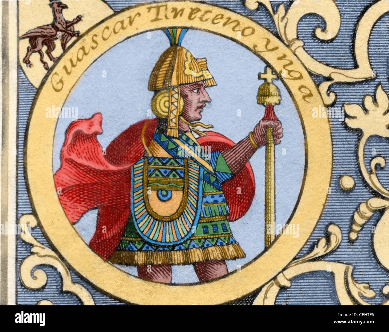 Inca Huascar (h.1491-1532). Sapa Inca de l'empire Inca de 1527 à 1532. Fils de Huayna Capac. Gravure en couleur. 1726. Banque D'Images