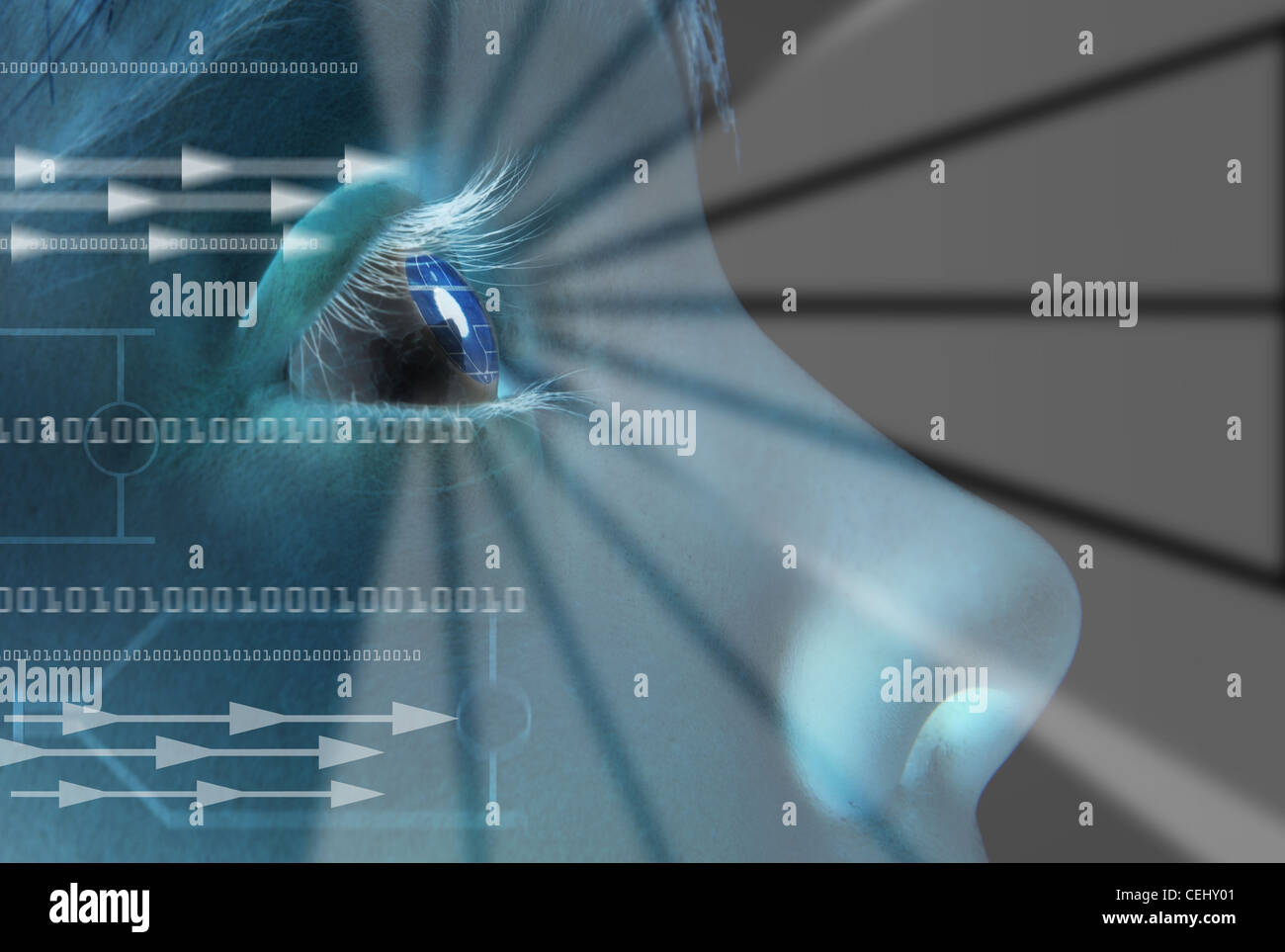 L'iris, l'analyse biométrique de l'oeil rétine pour identification. Close-up de l'enfant élève avec superposition graphique high-tech Banque D'Images