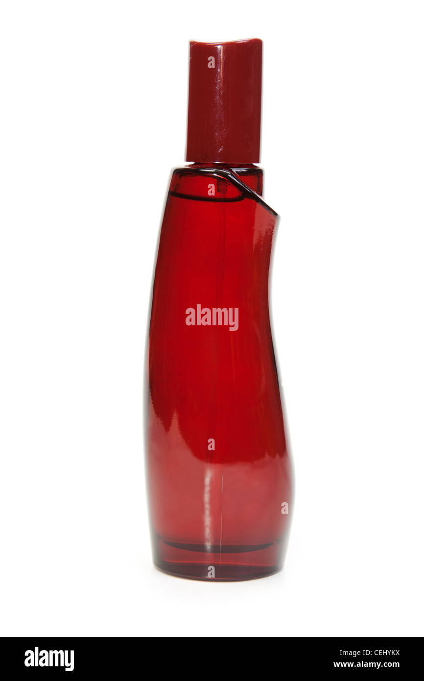 Flacon de parfum rouge isolé sur fond blanc Banque D'Images