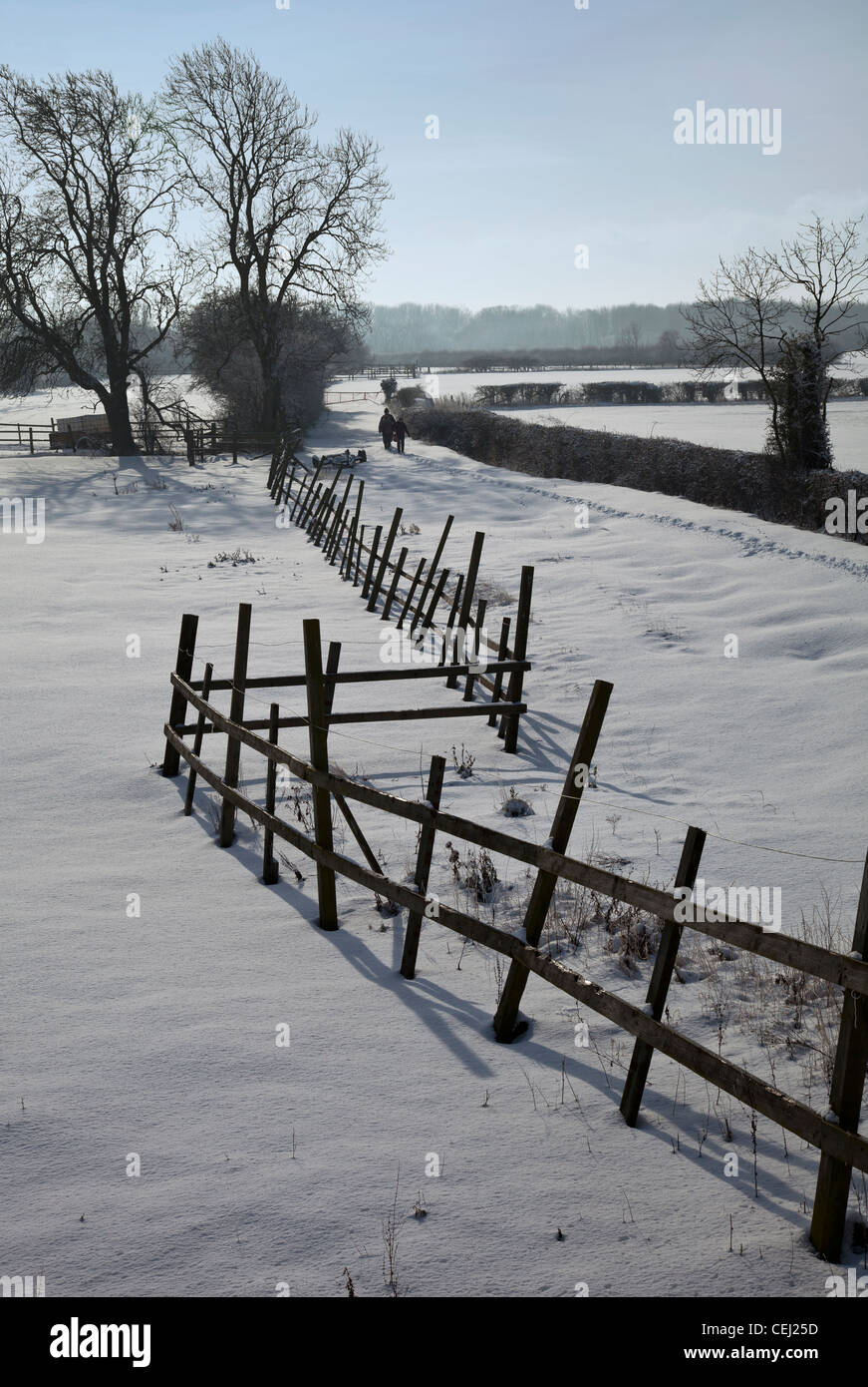 Champs de neige et vieille clôture en famille balade en arrière-plan Banque D'Images