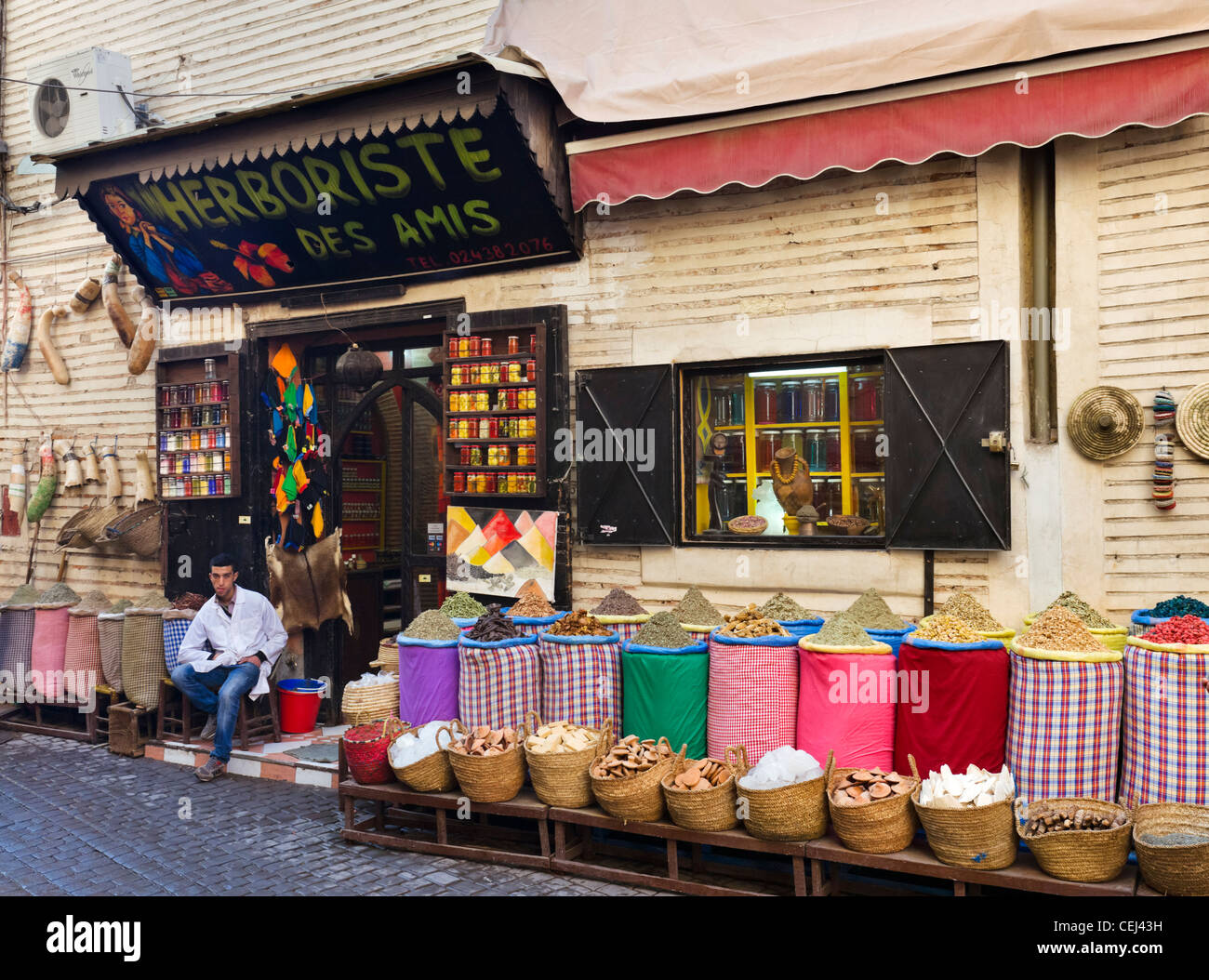 Boutique vendant des médicaments à base d'herbes à proximité des souks, Medina, Marrakech, Maroc, Afrique du Nord Banque D'Images