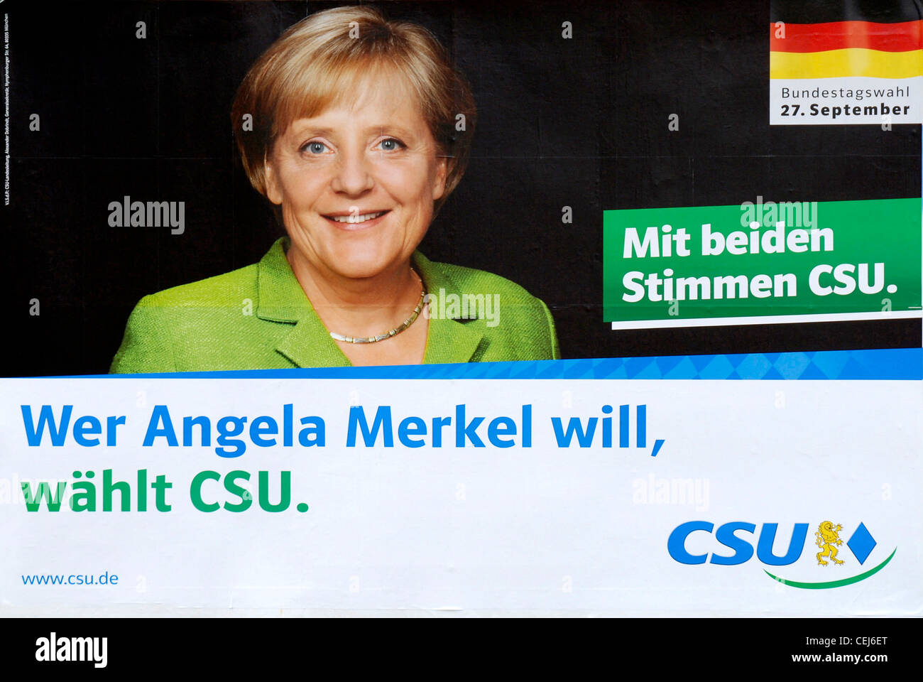 Affiche électorale du parti CSU bavaroise pour Angela Merkel devant le Bundestag, élections de 2009. Banque D'Images