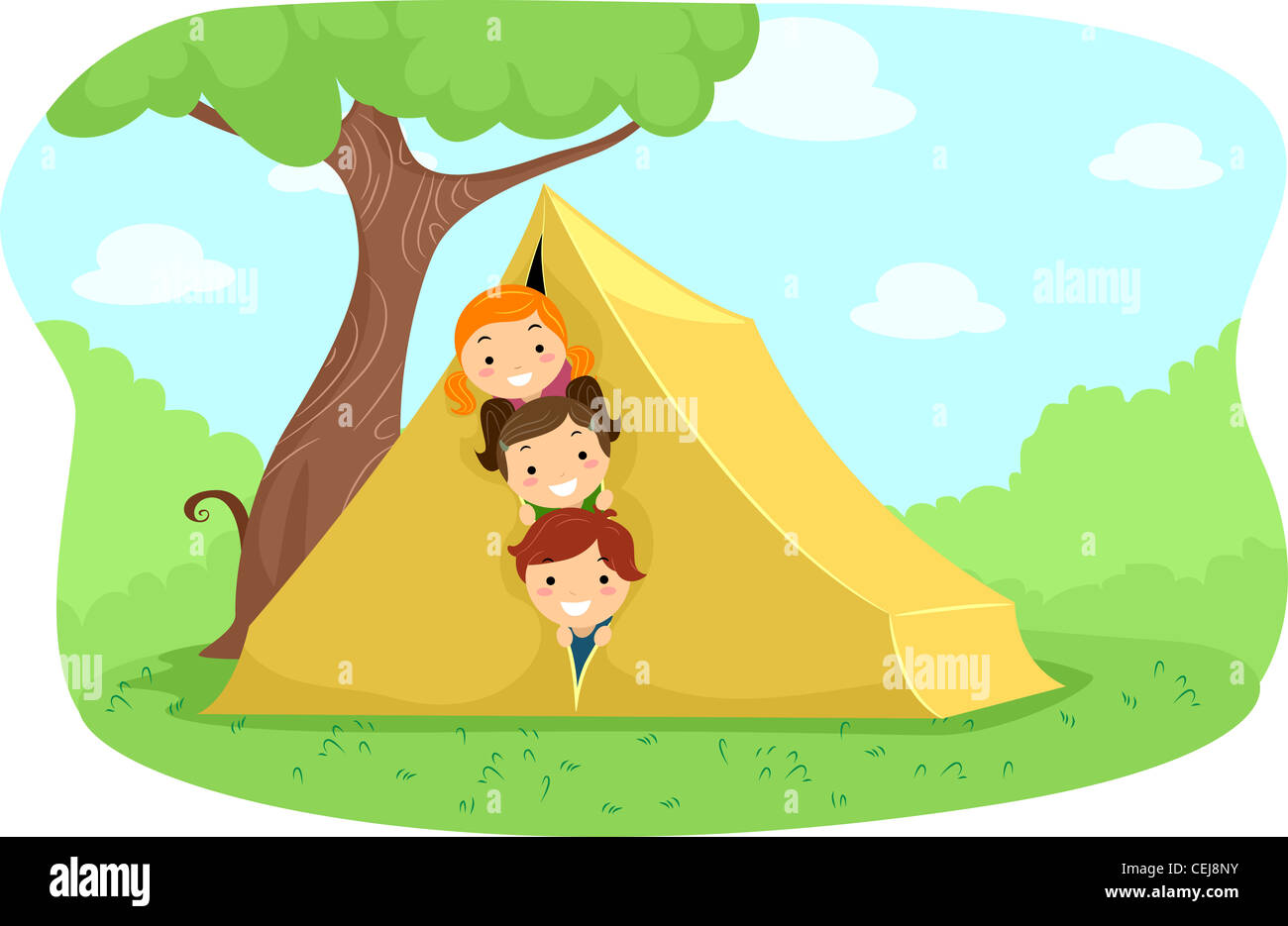 Illustration de campeurs d'Oeil de derrière une tente Banque D'Images