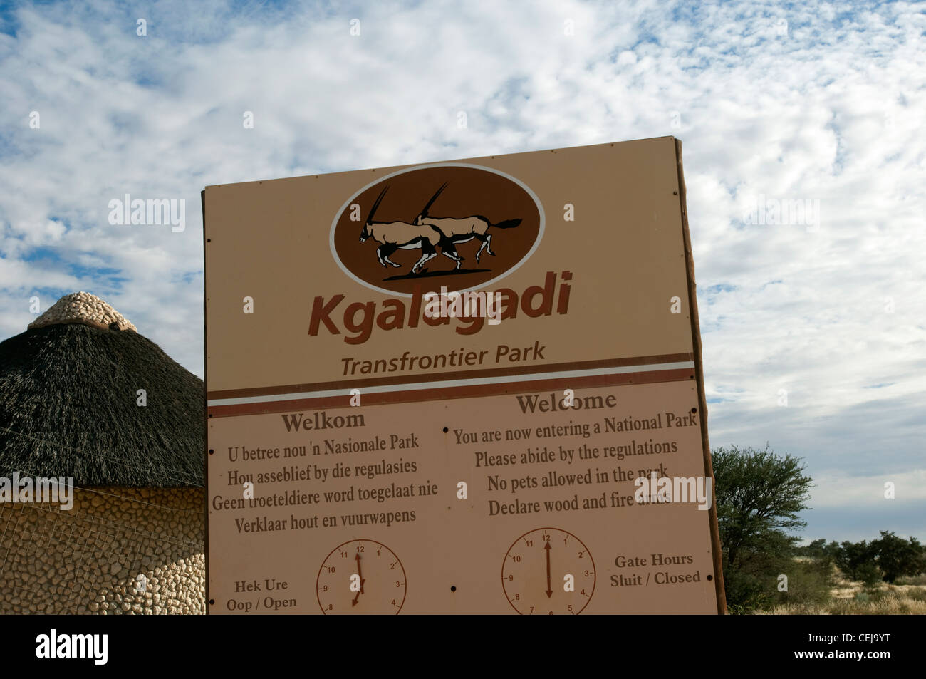 Inscrivez-vous à l'entrée du Parc transfrontalier de Kgalagadi, Liège Banque D'Images