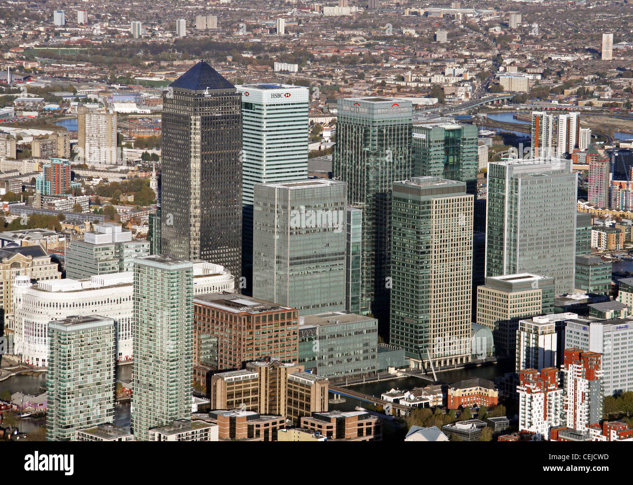 Image aérienne de Canary Wharf, le quartier central des affaires secondaire de Londres, Royaume-Uni Banque D'Images
