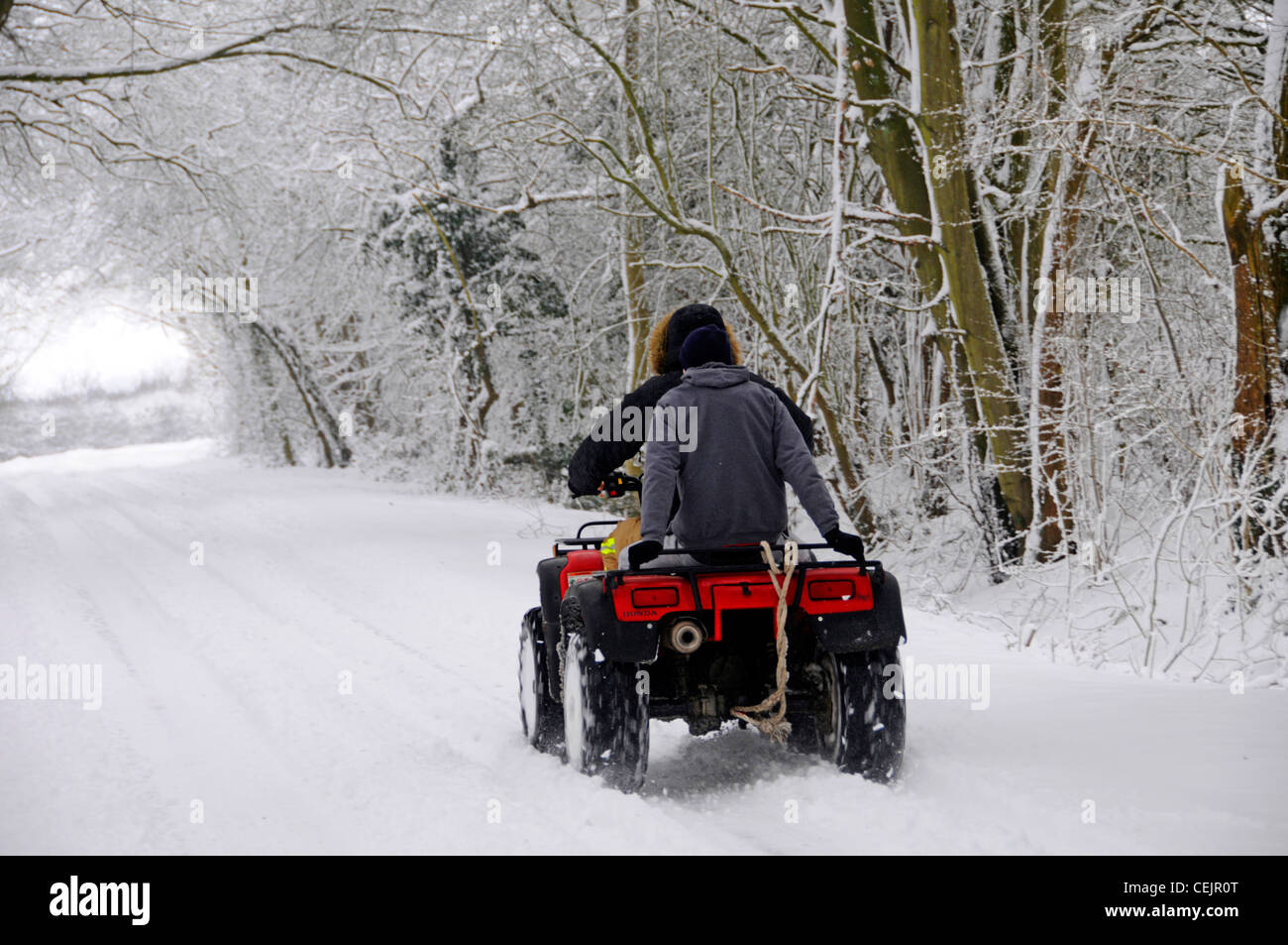 Pilote de quad et passager passager scène de neige conduite sur la voie de la route de campagne sous les arbres couverts de neige dans les merveilles hivernales Brentwood Essex Angleterre Royaume-Uni Banque D'Images