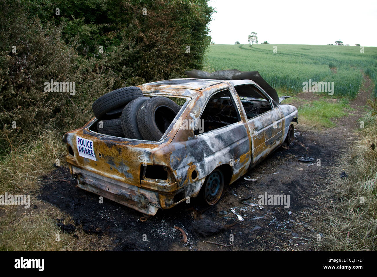 Burnt Out voiture volée dans un champ gateway,Suffolk, Angleterre. Banque D'Images