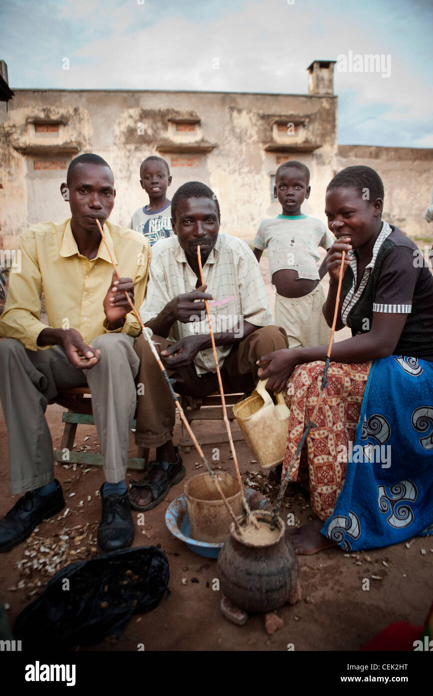 Sip résidents bière de mil à partir d'un pot commun, l'Ouganda Amuria dans, l'Afrique de l'Est. Banque D'Images
