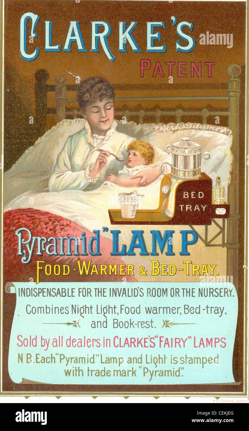 Publicité Chromolithographed notice pour Clarke et Bed-Tray Food-Warmer Lampe Pyramide Banque D'Images