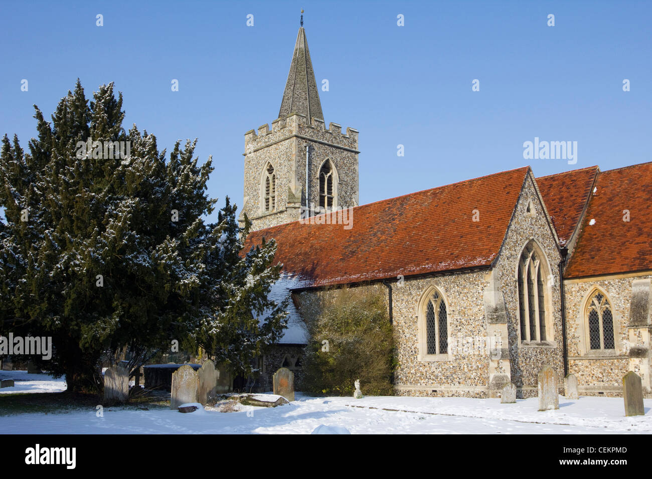 Manuden hiver neige église angleterre essex Banque D'Images