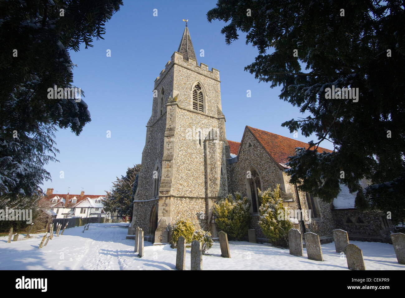 Manuden hiver neige église angleterre essex Banque D'Images