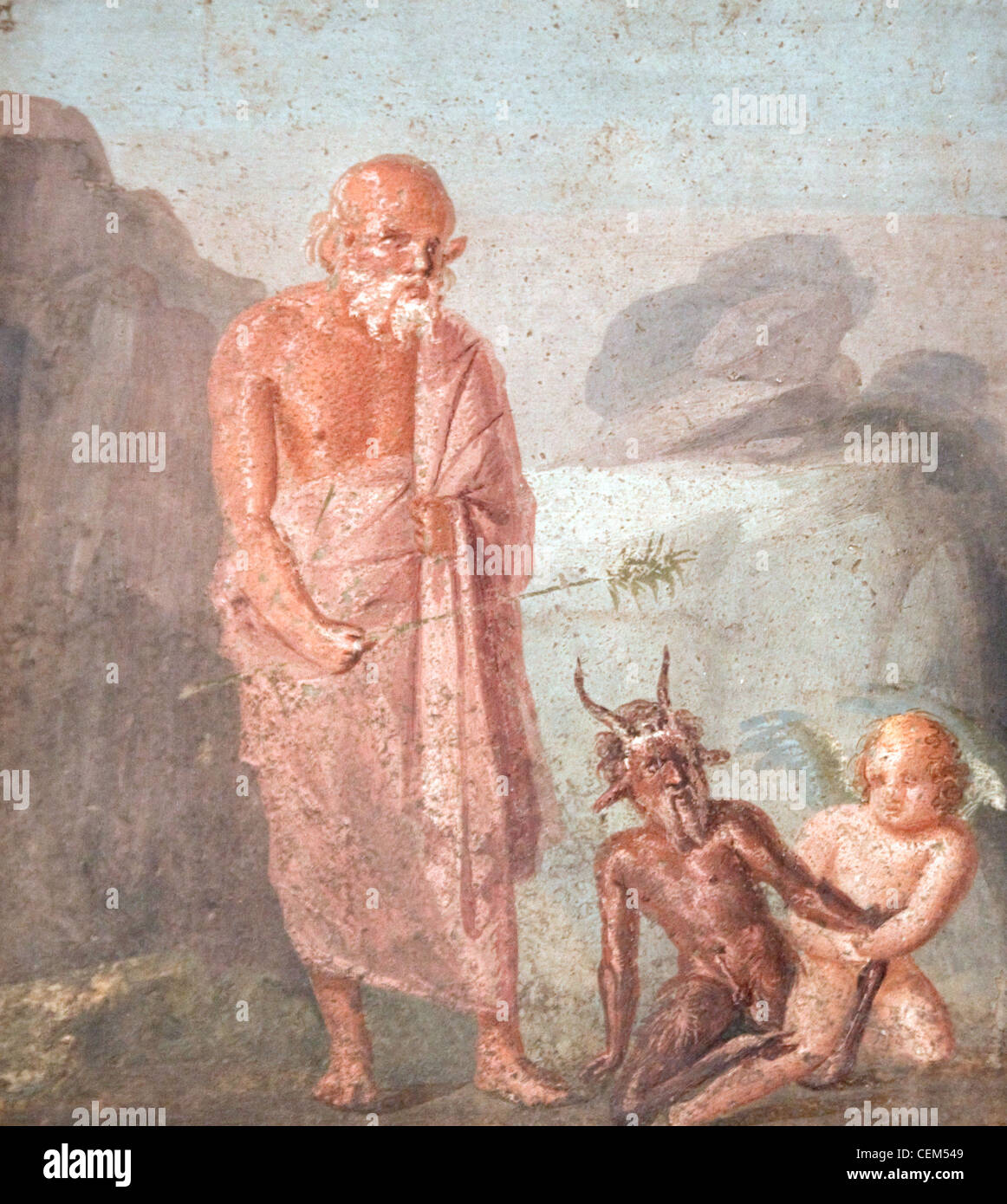 Italie, Naples, Naples, Musée de Pompéi, maison de Meleager (VI 9, 2.13), Sileno, Eros et Pan Banque D'Images