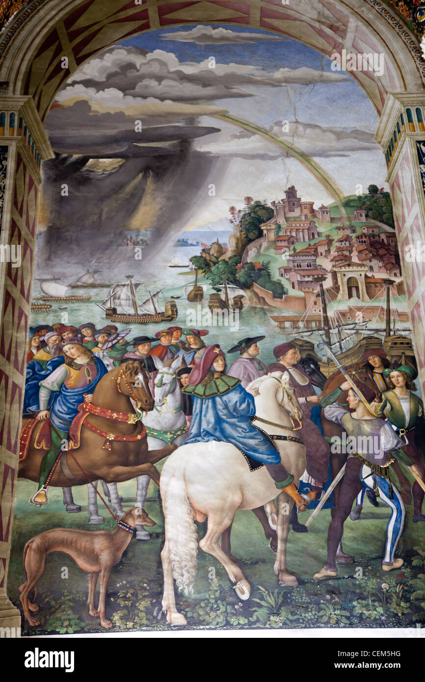 L'Italie, Siena, la Cathédrale de Sienne, Fresco, Aeneas Silvio Piccolomini part pour le Conseil de Bâle. Banque D'Images