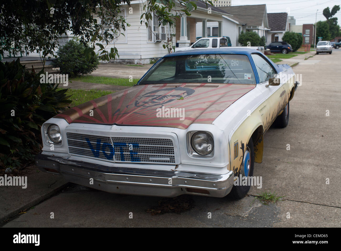 Barack Obama voiture à Lafayette, Louisiane avec "Vote" sur l'avant et 'Yes we can' sur l'arrière. Banque D'Images