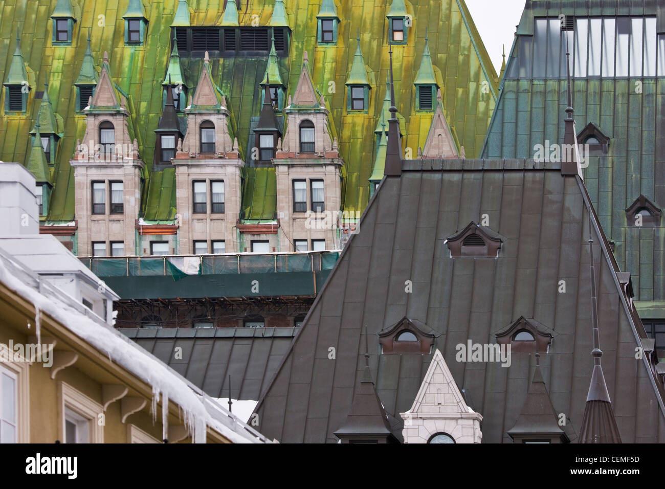 Les détails architecturaux de l'hôtel Fairmont Le Chateau Frontenac, Ville de Québec, Canada Banque D'Images