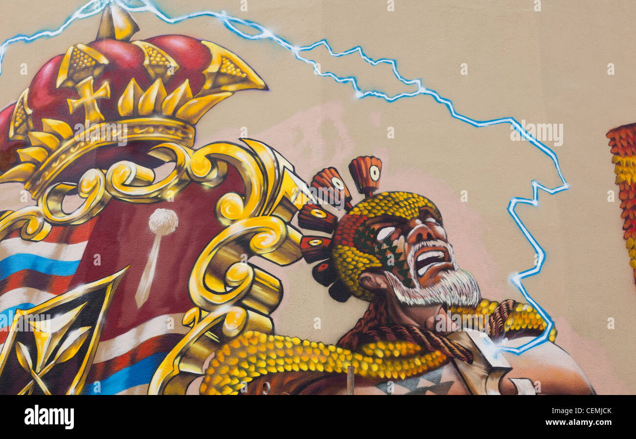 Street art contemporain, Hawaiian royal crest et king cartoon Banque D'Images