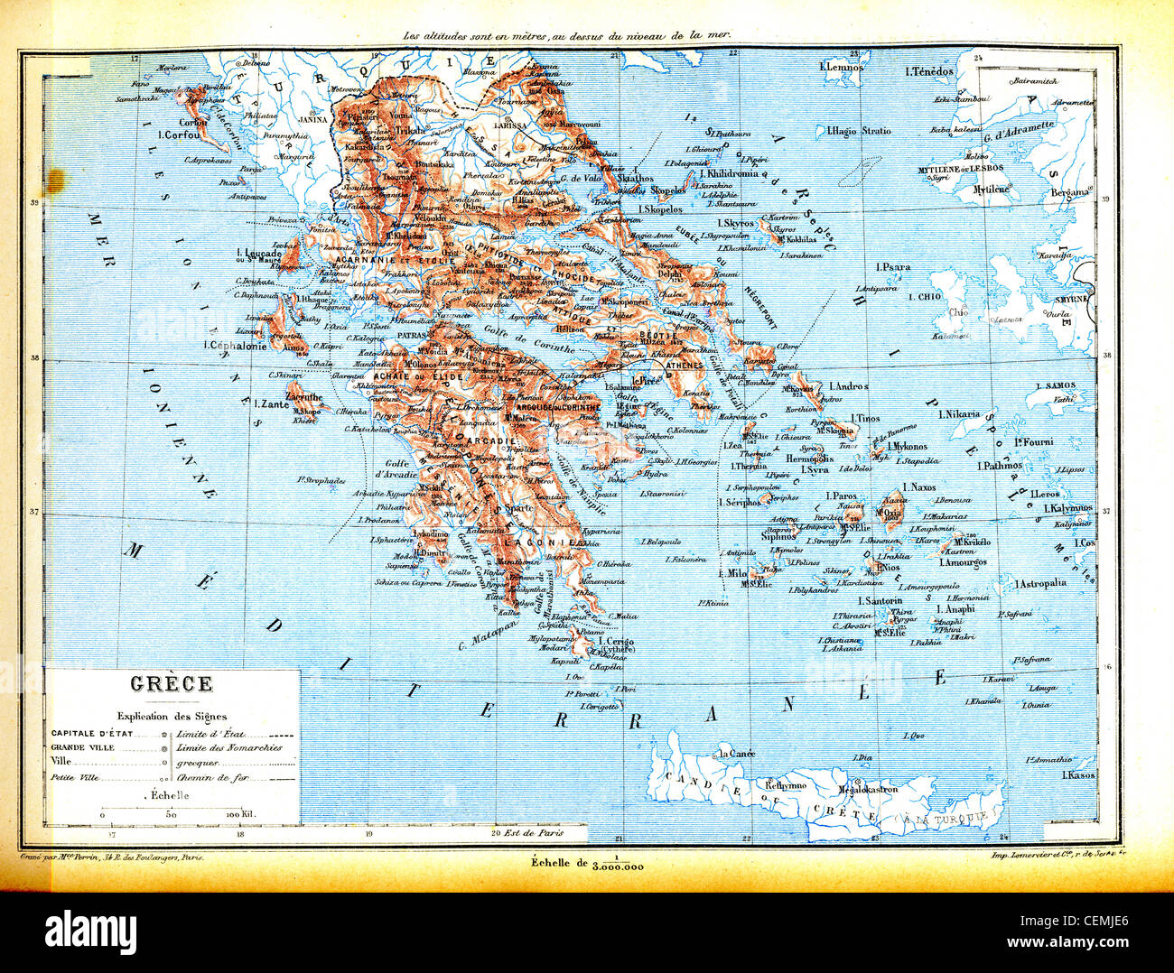 Le plan de la Grèce avec explication des signes sur la carte. Banque D'Images