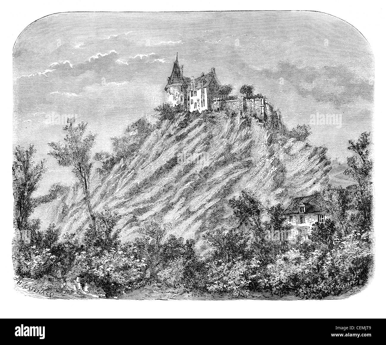 Château de Sainte-Suzanne (Mayenne). - Dimensions Catenacci, vintage engraved illustration. Magasin Pittoresque 1875. Banque D'Images