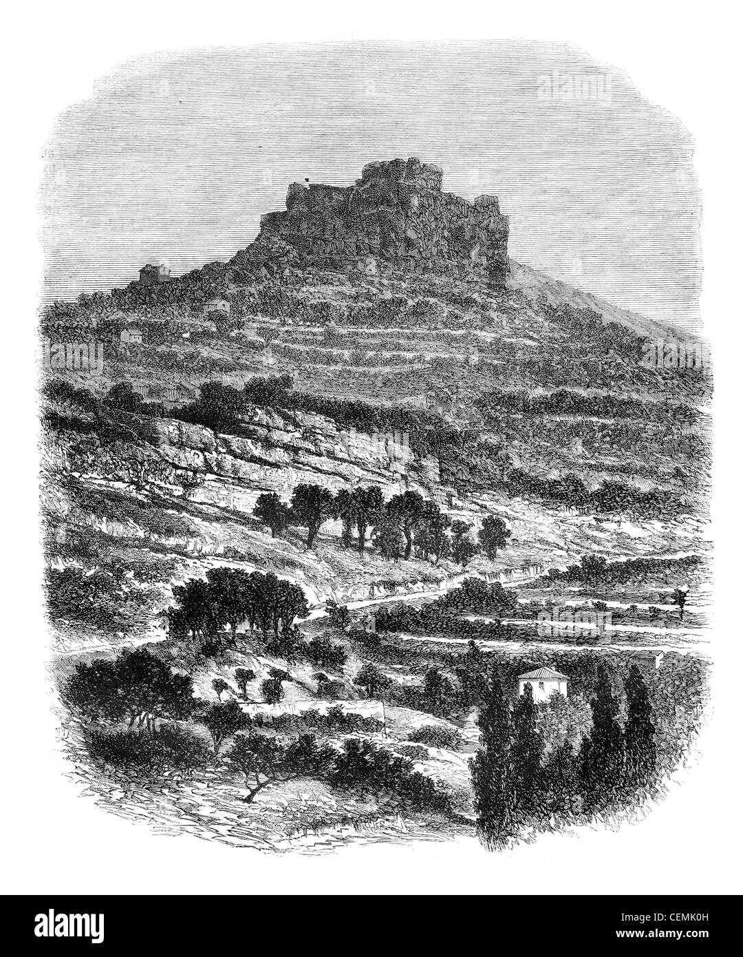 Le Rocher de Caylus, près de Saint-Affrique (Aveyron), vintage engraved illustration. Magasin Pittoresque 1875 Banque D'Images