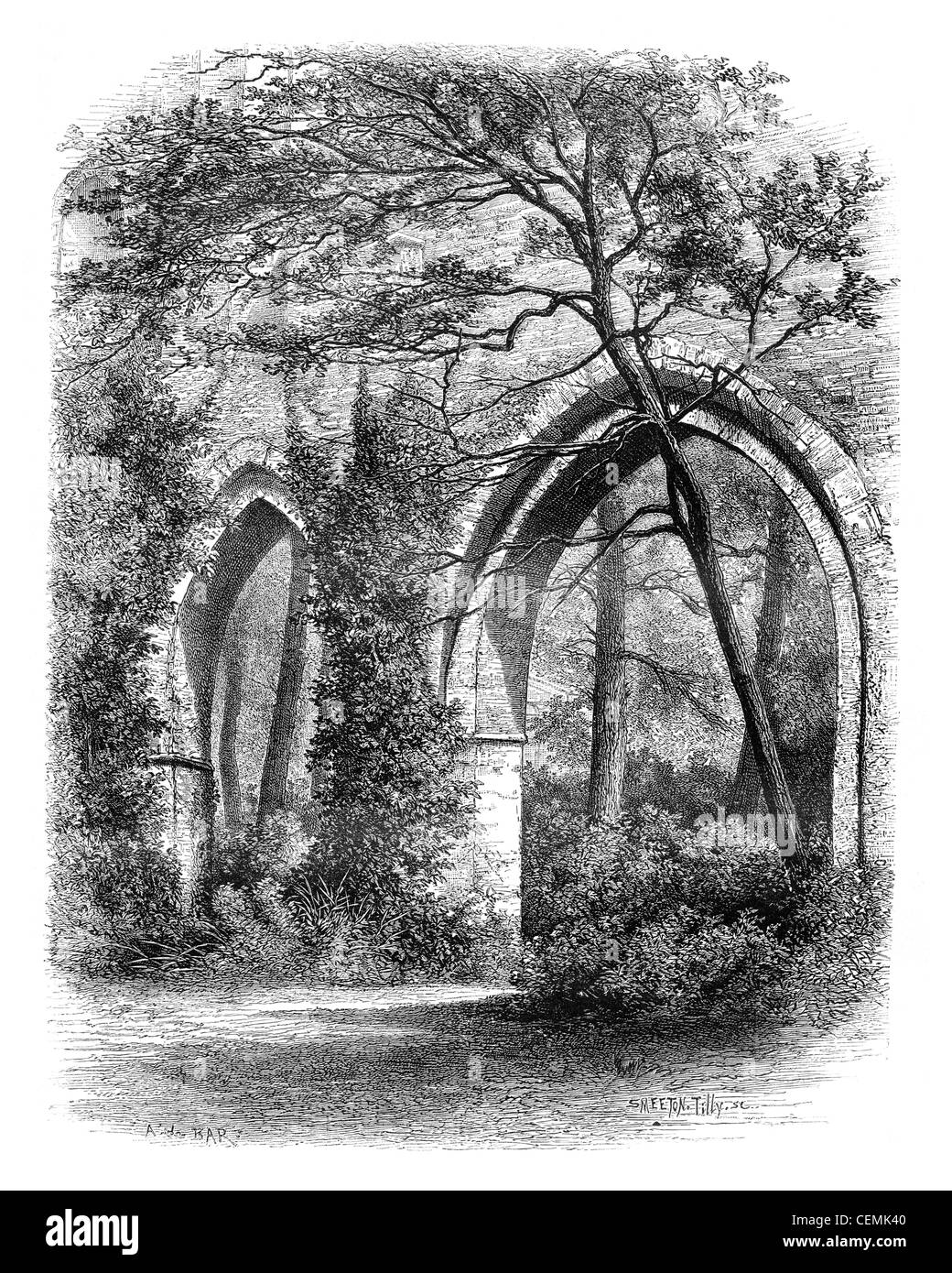 Cloître de l'abbaye de Vaux Cernay, France, vintage engraved illustration. Magasin Pittoresque 1875. Banque D'Images