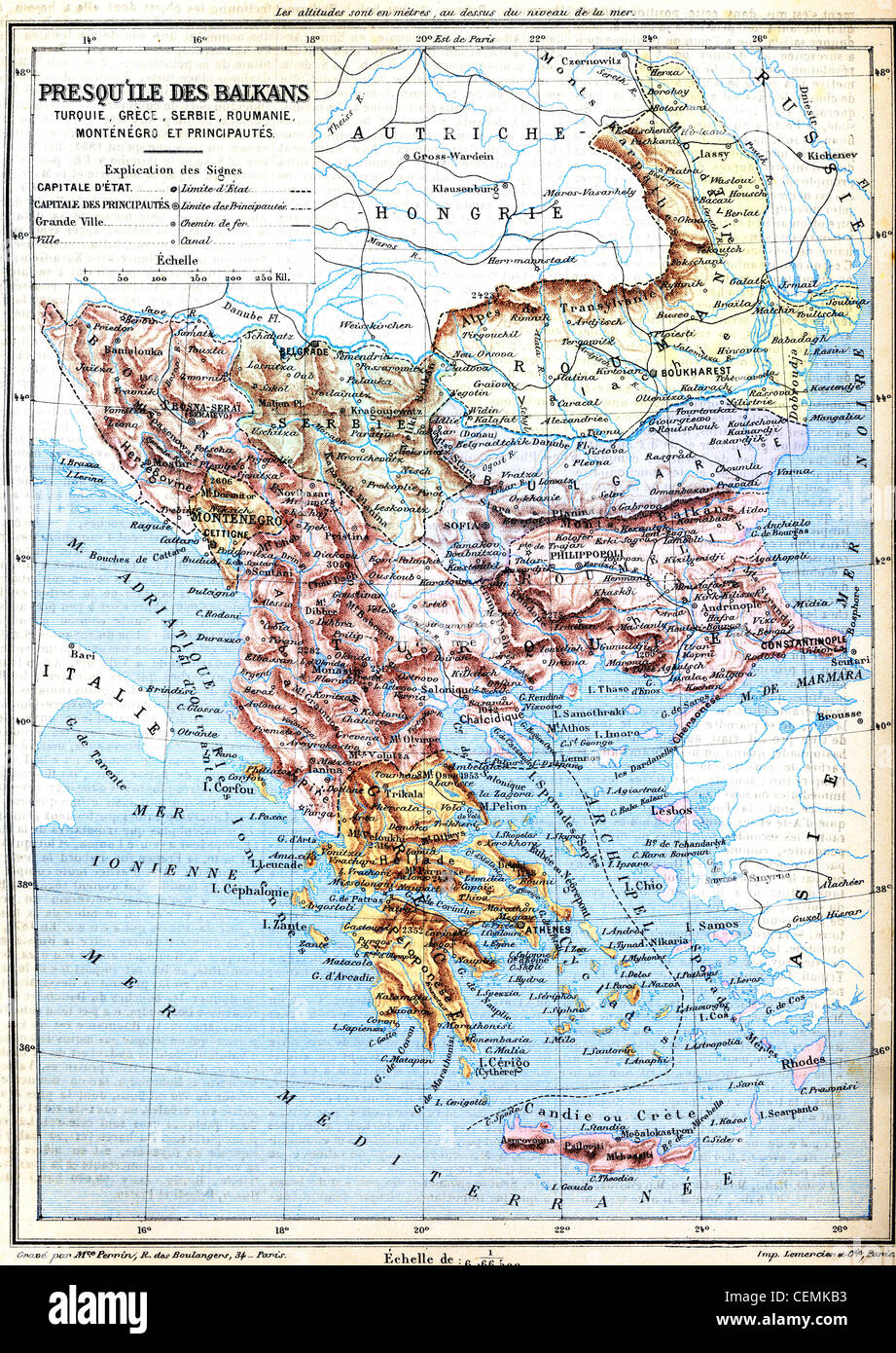 Le plan de la péninsule des Balkans (Turquie, Grèce, Roumanie, Serbie et Monténégro) avec des signes et leur explication. Banque D'Images