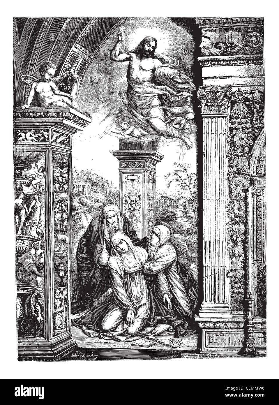 Fresques de l'église de San Domenico à Sienne, par Razzi (cavalier Sodoma). Dessin de J. Lavee, vintage engraved illustration. Magasin Pittoresque 1874. Banque D'Images