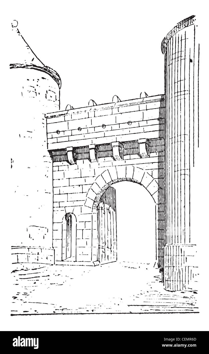 Vieille illustration gravée de la porte de Flavigny-sur-Ozerain, forteresse appartient au xve siècle. Bordeaux, France. dictionnaire des mots et des choses - larive et fleury ? 1895 Banque D'Images