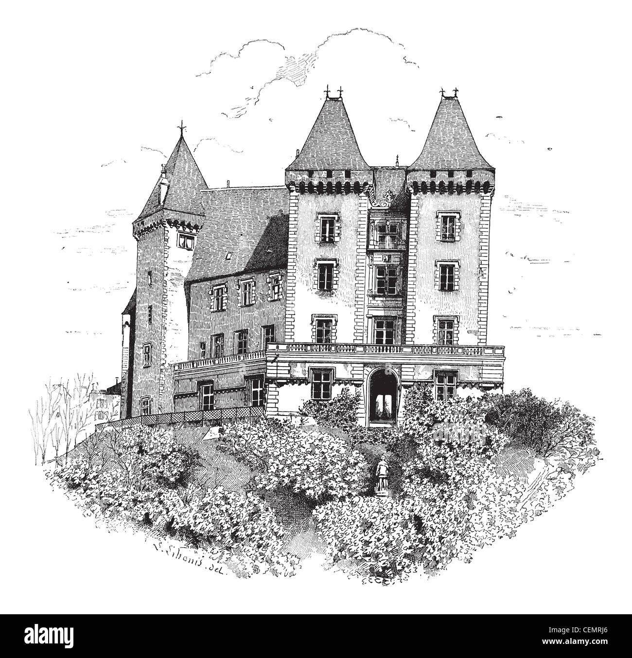Vieille illustration gravée de château de Pau ou château de Pau. Dictionnaire des mots et des choses - Larive et Fleury ? 1895 Banque D'Images