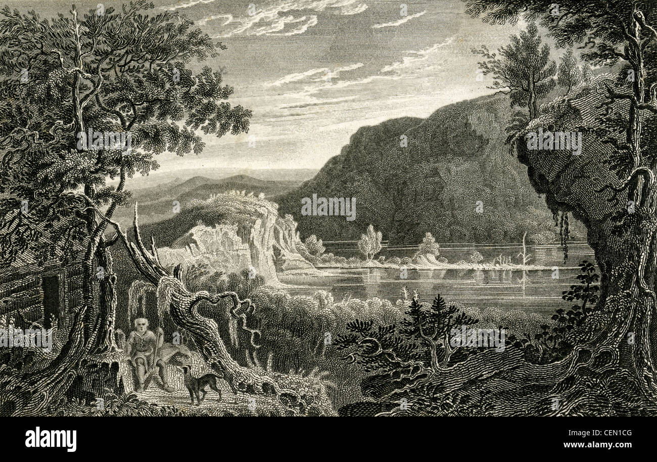 1828 gravure, le Colonel Daniel Boone sur les rives du Grand lac Osage, Kentucky. Banque D'Images