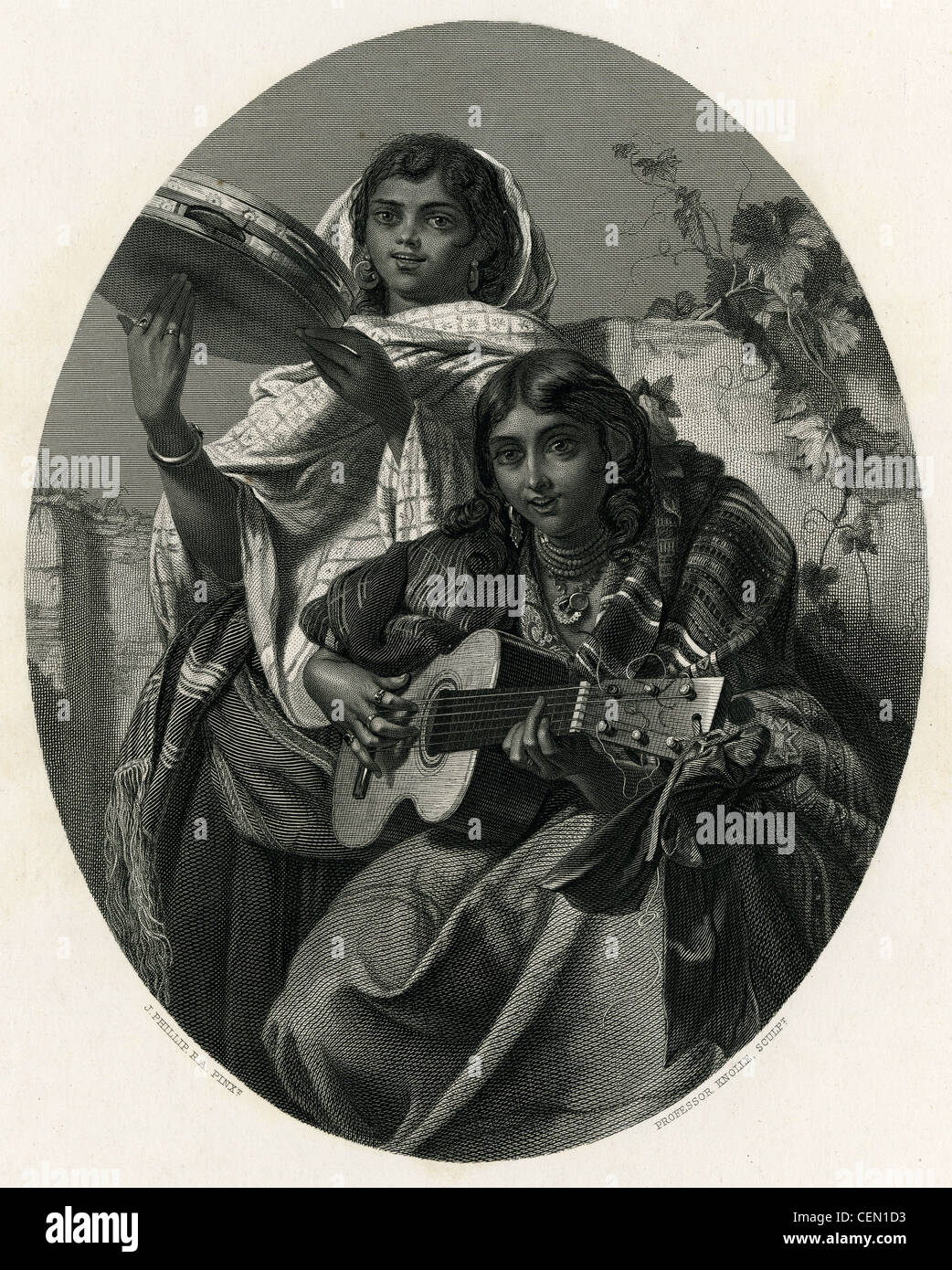 Circa 1880 gravure, musiciens tsiganes de l'Espagne. Gravée par le professeur Knolle, basée sur la peinture par J. Phillip. Banque D'Images