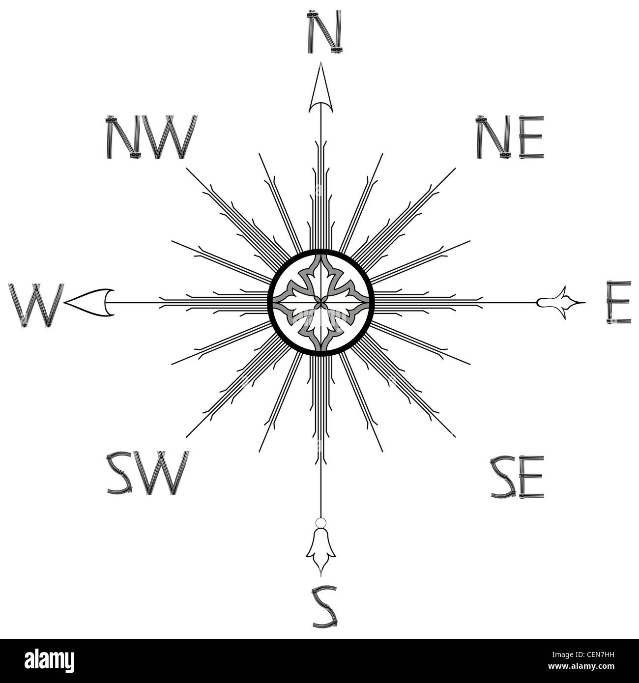 Boussole rose des vents silhouette against white background, abstract vector art illustration Banque D'Images