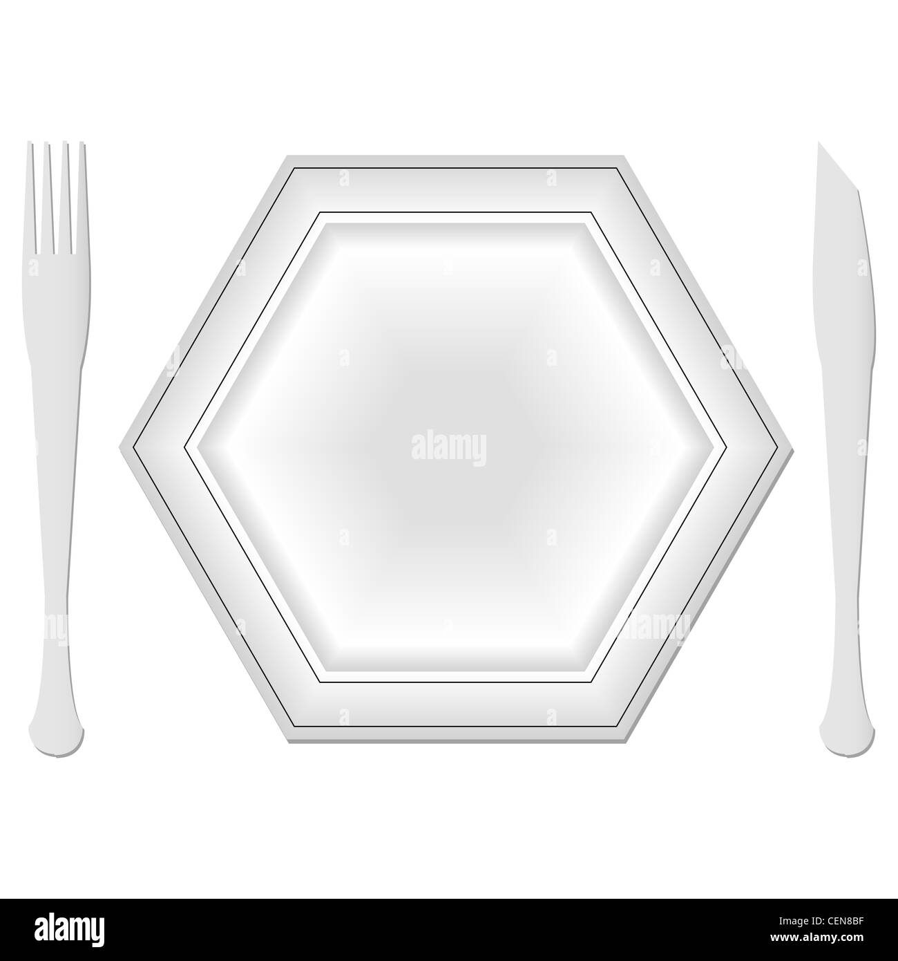 Plaque hexagonale et plats contre fond blanc ; abstract vector art illustration Banque D'Images