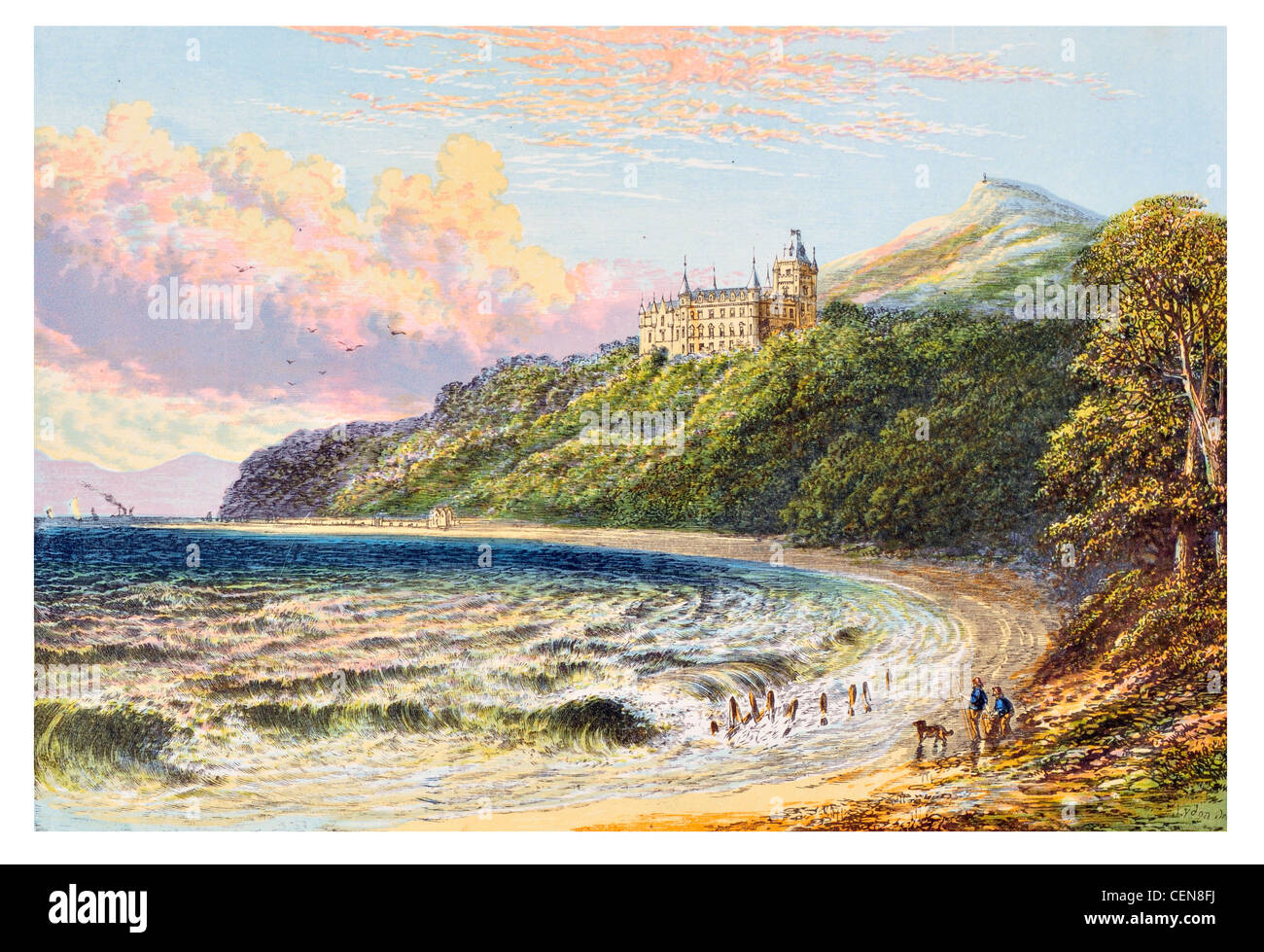 Majestueux château Dunrobin Sutherland Highland Ecosse Sir Charles Barry Baronial écossais de la Renaissance française le fracas des vagues plage Banque D'Images