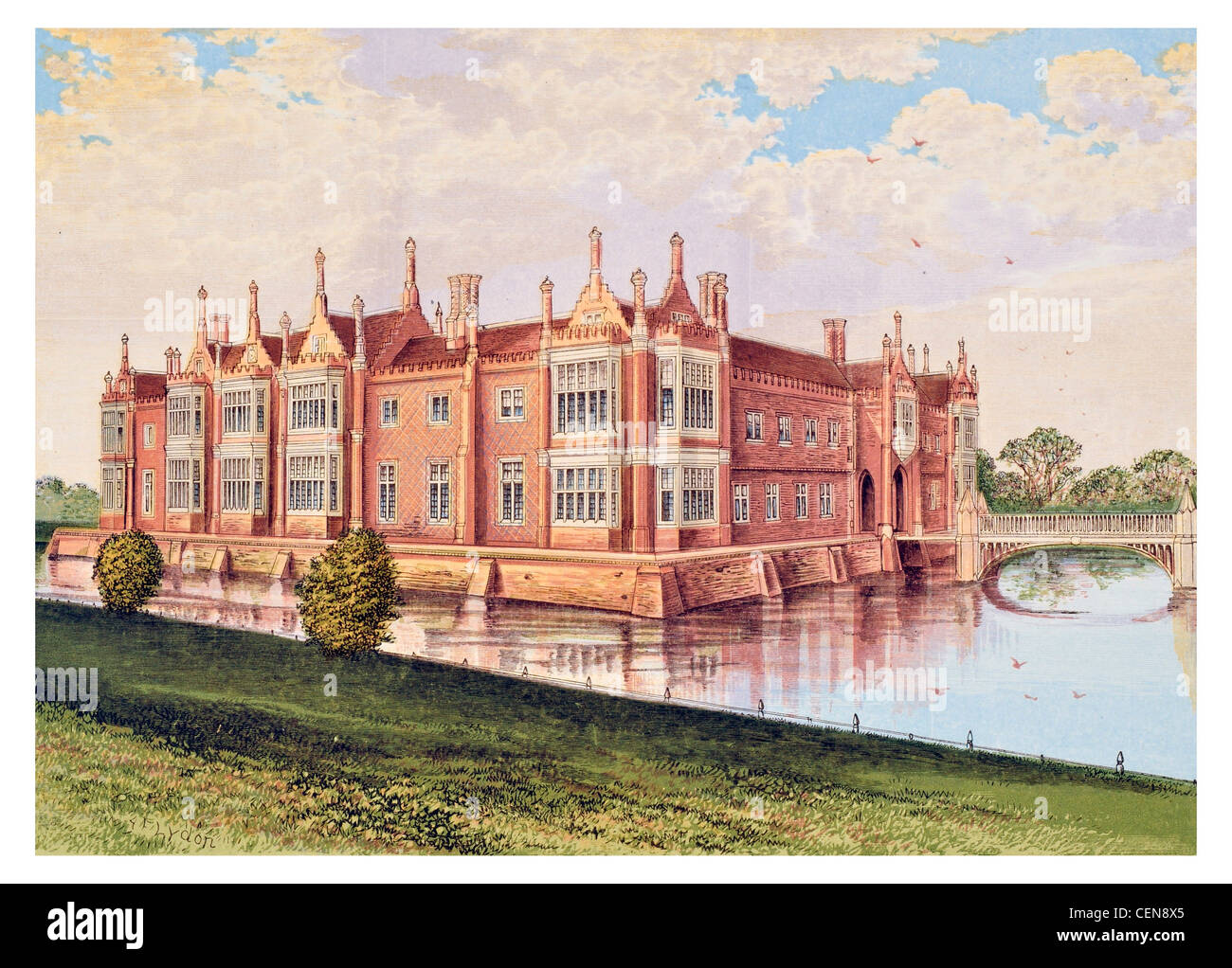 Helmingham Hall moat douves Suffolk Angleterre manoir de style Tudor médiéval Tollemache John Nash pont-levis Banque D'Images