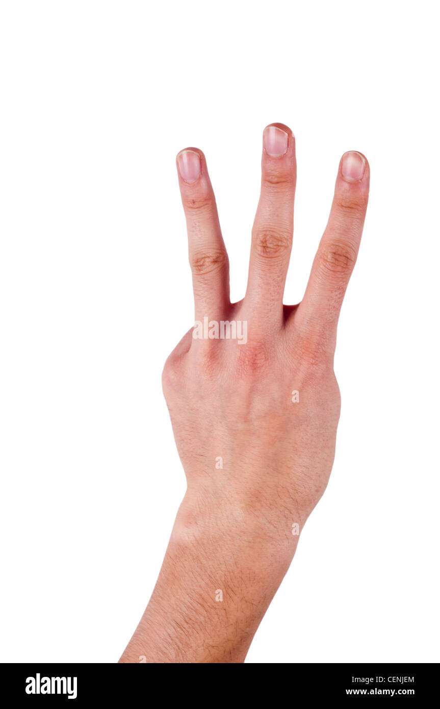 Main humaine montrant trois doigts geste isolé sur fond blanc symbolisant le numéro trois ou signal Banque D'Images