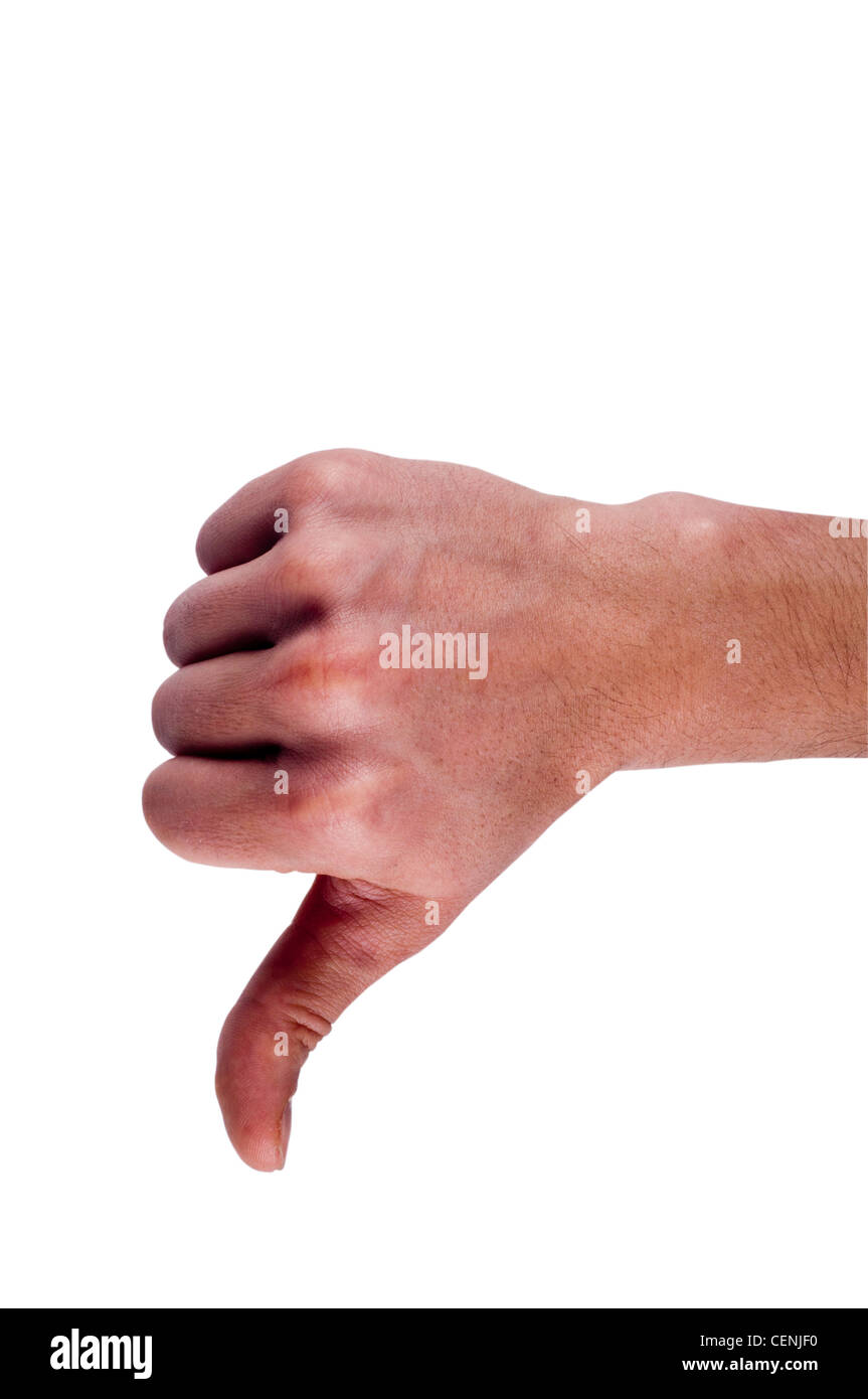 Main humaine faisant des pouces vers le bas geste isolé sur fond blanc symbole de désapprobation ou de rejet Banque D'Images
