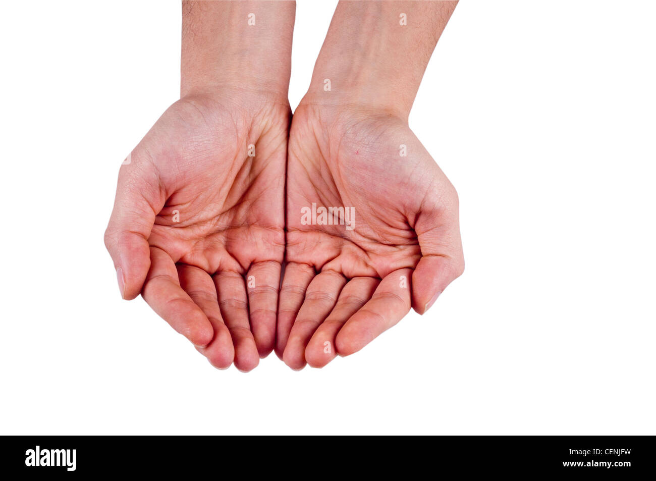 Deux mains humaines avec des paumes ouvertes vers le haut isolées sur fond blanc symbolisant la demande ou l'offre Banque D'Images