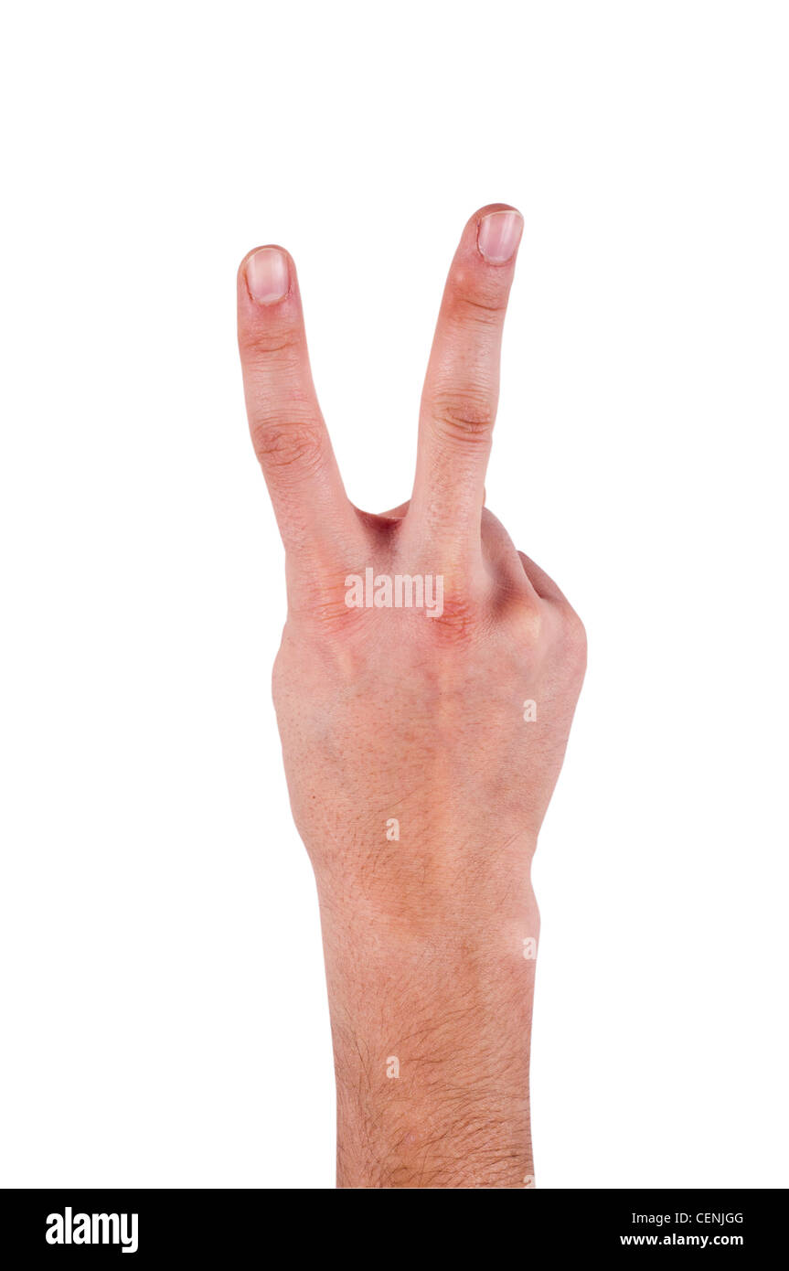 Geste de la main montrant deux doigts isolés sur fond blanc symbolisant la victoire ou la paix Banque D'Images