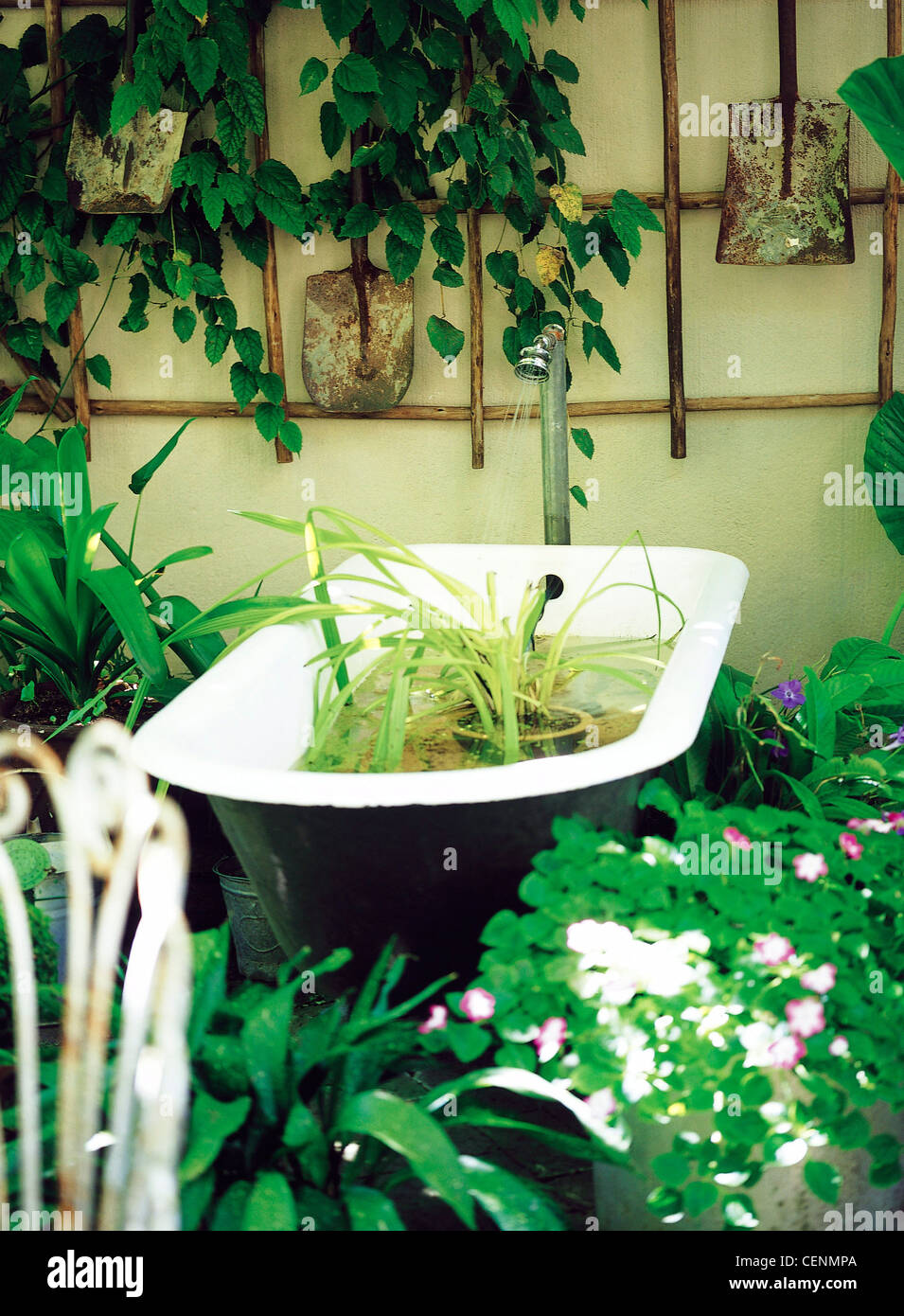 Baignoire en fonte blanche dans le jardin rempli de plantes et d'une vieille  tête de douche et certains tuyaux en cuivre pour faire circuler l'eau Photo  Stock - Alamy