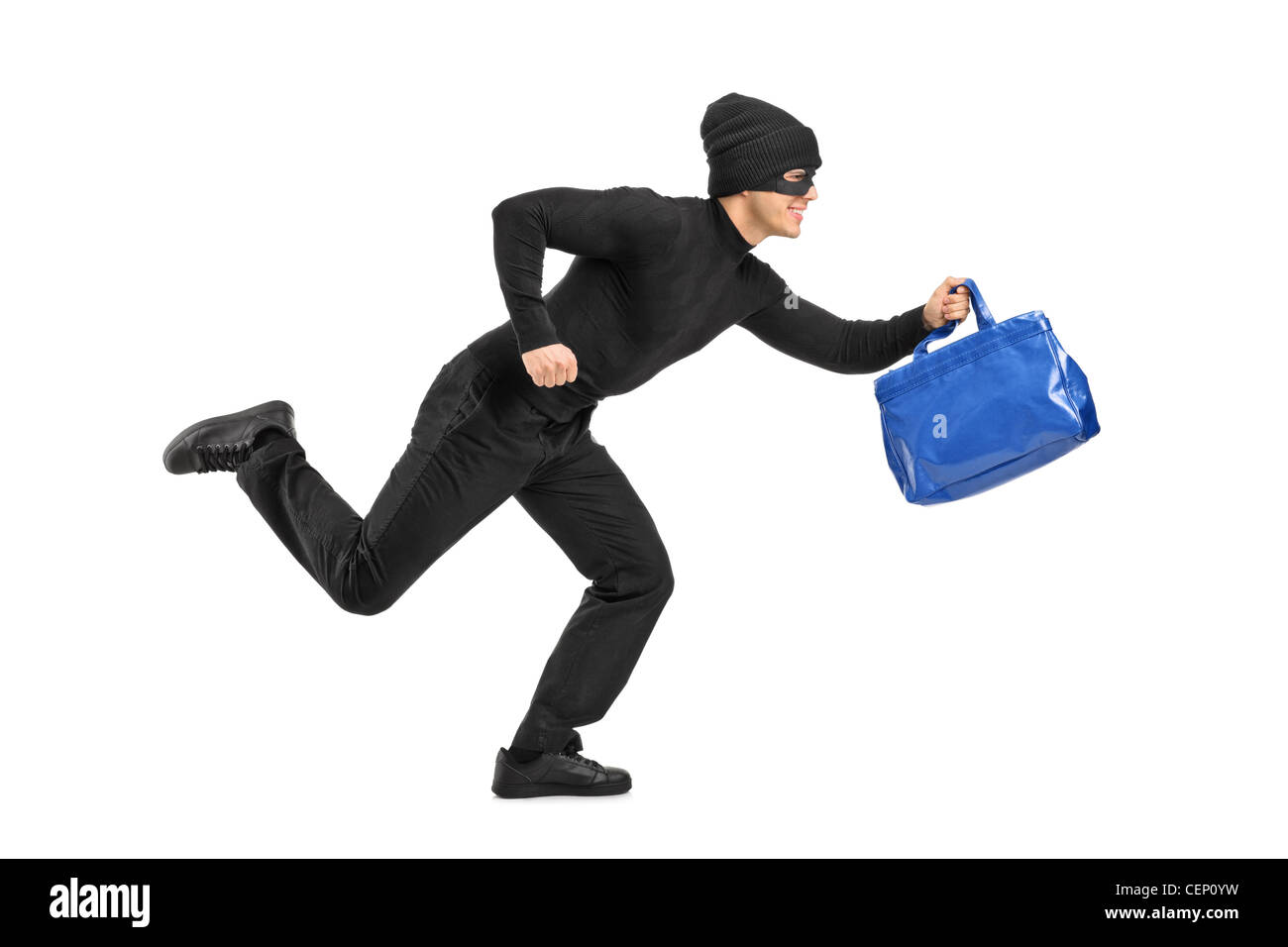 Portrait d'un voleur d'un sac à main volé isolé sur fond blanc Banque D'Images
