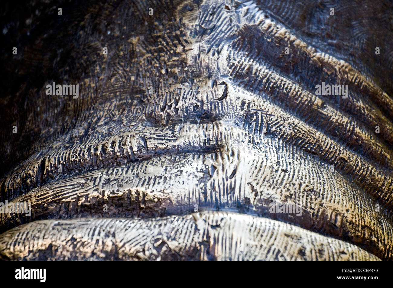 Gros plan texture de sculpture en bronze montrant des détails artistiques et une patine vieillissante à Skopje, Macédoine du Nord Banque D'Images