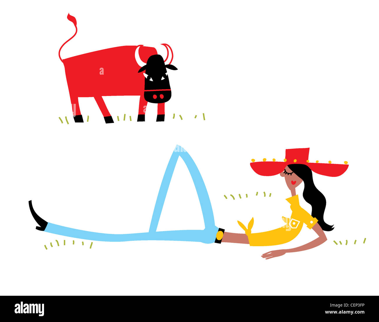 Les horoscopes taureau montre femme vêtue de vêtements de cow-boy couché avec Bull en arrière-plan Banque D'Images