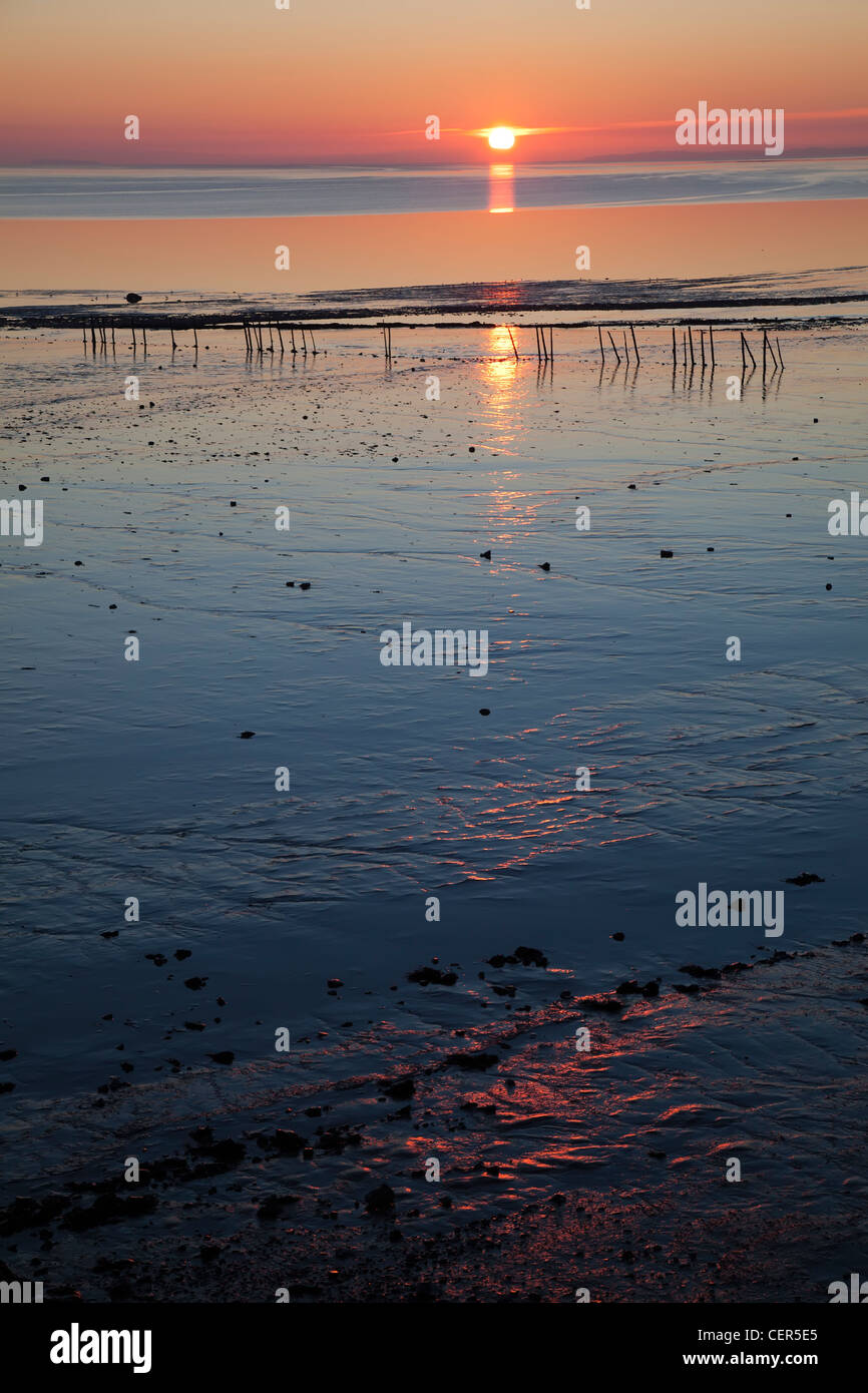 Coucher de soleil sur la plage et d'alimentation des vasières sur l'estuaire de la Severn à Goldcliff près de Newport, Gwent, au Pays de Galles, Royaume-Uni Banque D'Images