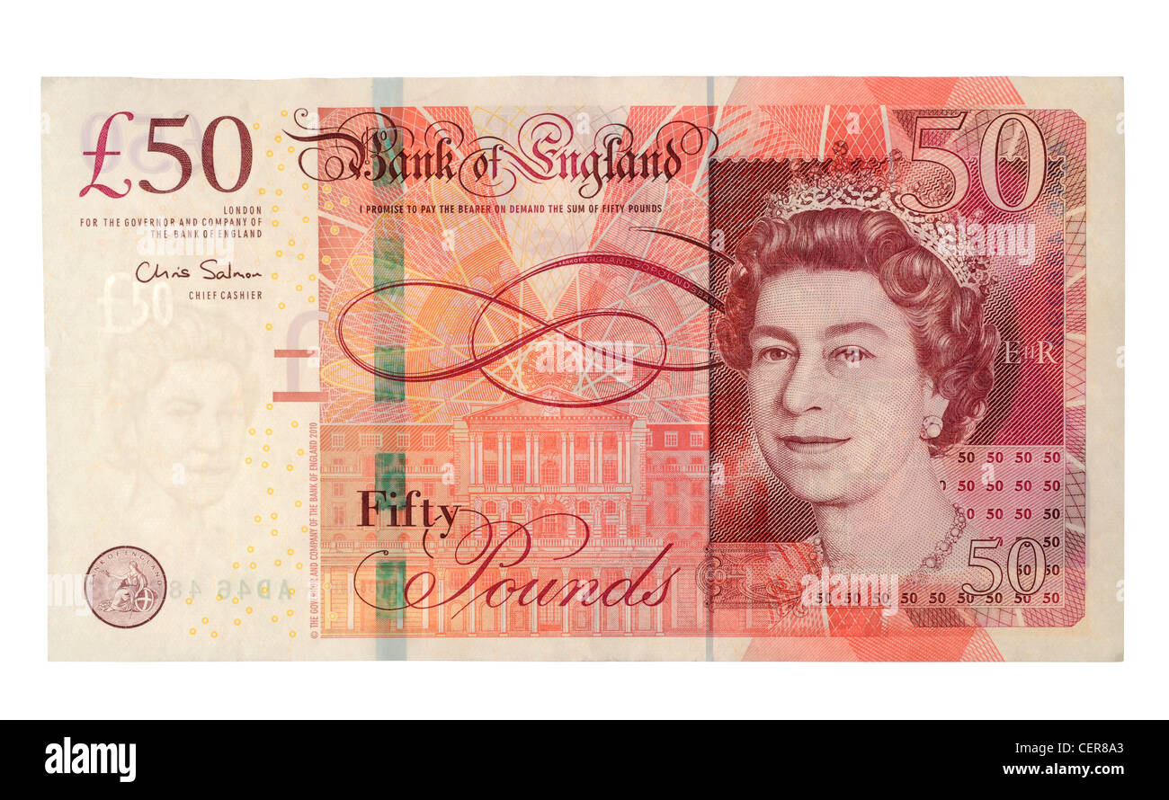 Cinquante pound note, £50 remarque, anglais cinquante pound note sur fond blanc Banque D'Images