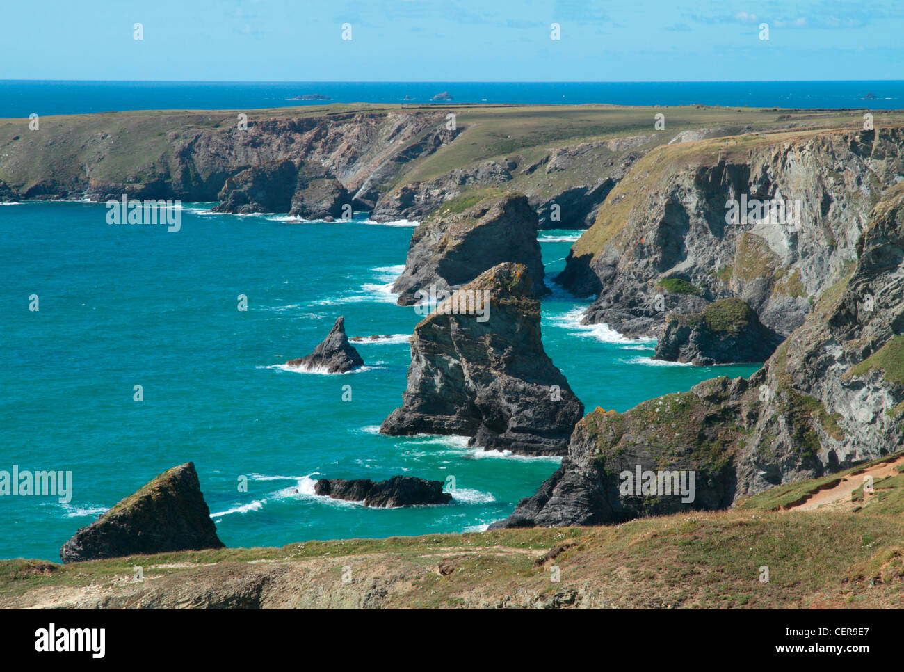 Côte sauvage et ses falaises près de Carnewas et Bedruthan Steps en Cornouailles du nord. Banque D'Images