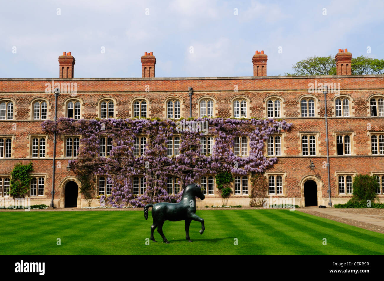 Cheval en bronze par Barry Flanagan dans la première cour à Jesus College, qui fait partie de l'Université de Cambridge. Banque D'Images Cheval en bronze par Barry Flanagan dans la première cour à Jesus College, qui fait partie de l'Université de Cambridge. Banque D'Images