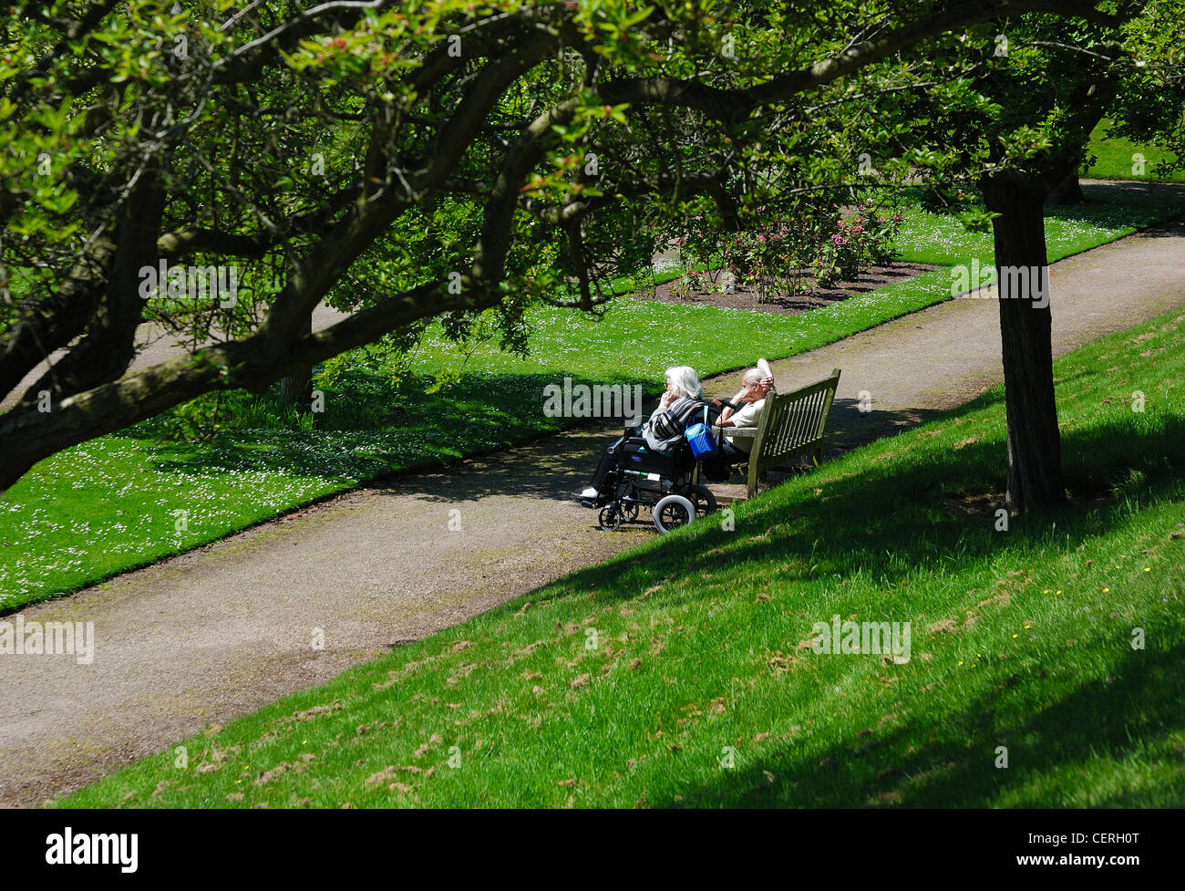 Deux retraités se détendre dans le parc england uk Banque D'Images