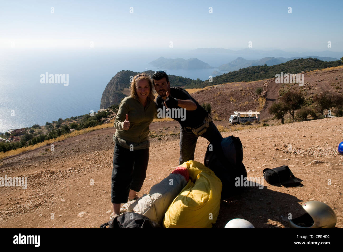 Portrait d'un touriste après être allé parachute, Olu Deniz, Turquie Banque D'Images