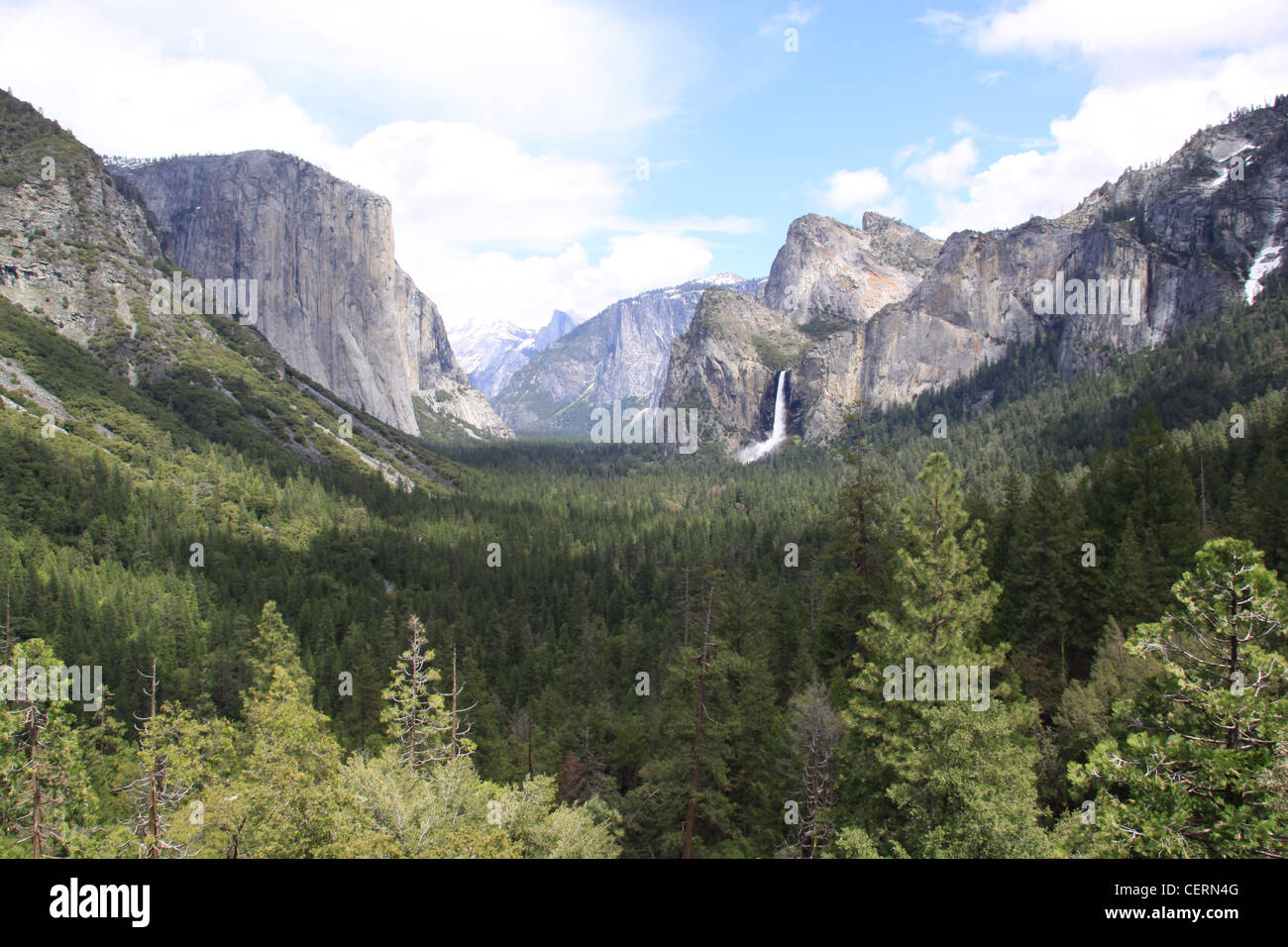 Vue panoramique sur la vallée de Yosemite Park avec demi-dôme en arrière-plan. Chute d'eau, des montagnes et des sapins inclus. Scenic Banque D'Images