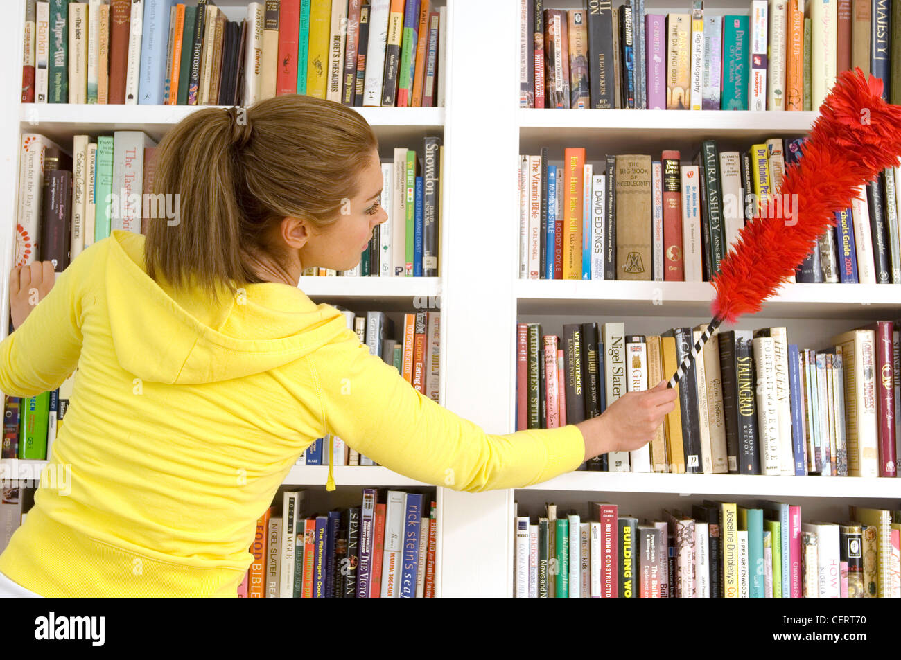 Femme debout sur l'escabeau dusting bibliothèque avec duster moelleux rouge Banque D'Images